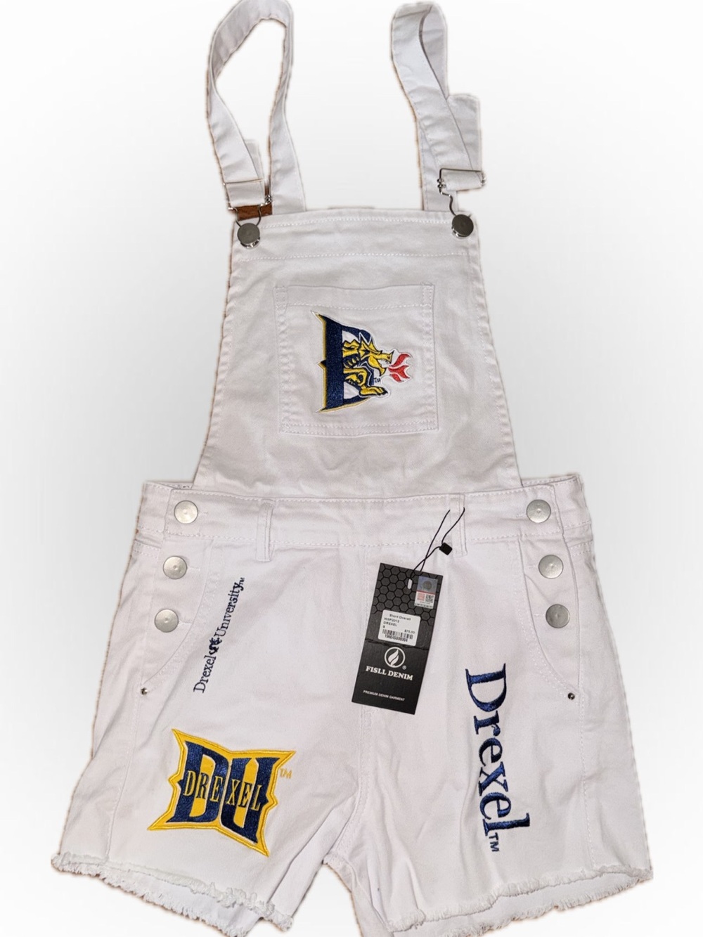 Drexel White Denim Short Overalls - Embroidered School Logo